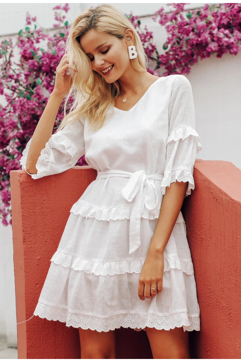 Simplee Elegant embroidery white women dress Flare sleeve ruffle sashes summer dresses Casual v-neck sexy dress female vestidos