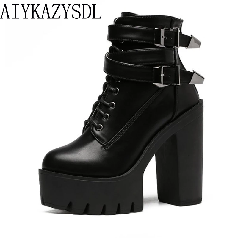 

AIYKAZYSDL Women Ankle Boots Faux Leather/Suede Motorcycle Biker Bootie Punk Buckle Platform Block Ultra Very High Heel Shoes