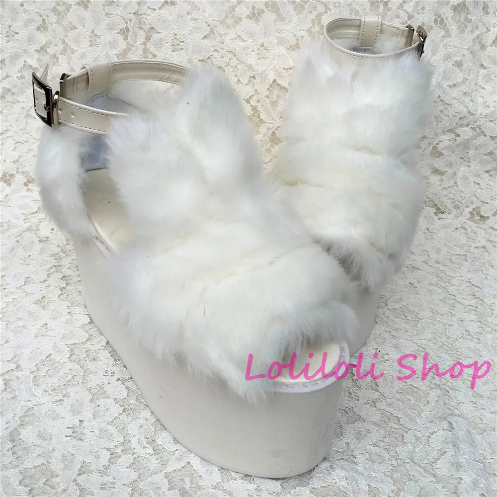 baratas Princesa Doce Lolita Sapatos Lolilloliyoyo Antaina Personalizado Fundo Grosso Com Camurça Branca Plataforma Plana Imitação De Pele De Raposa An5210-1