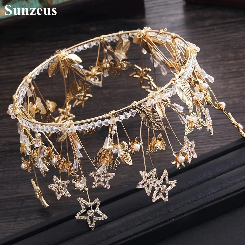 Gold Round Princess Headband for Bridal Shiny Stars Shape Leaves Gorgeous Women Hair Accessories gelin tac aksesuarlar SHA71 | Свадьбы и