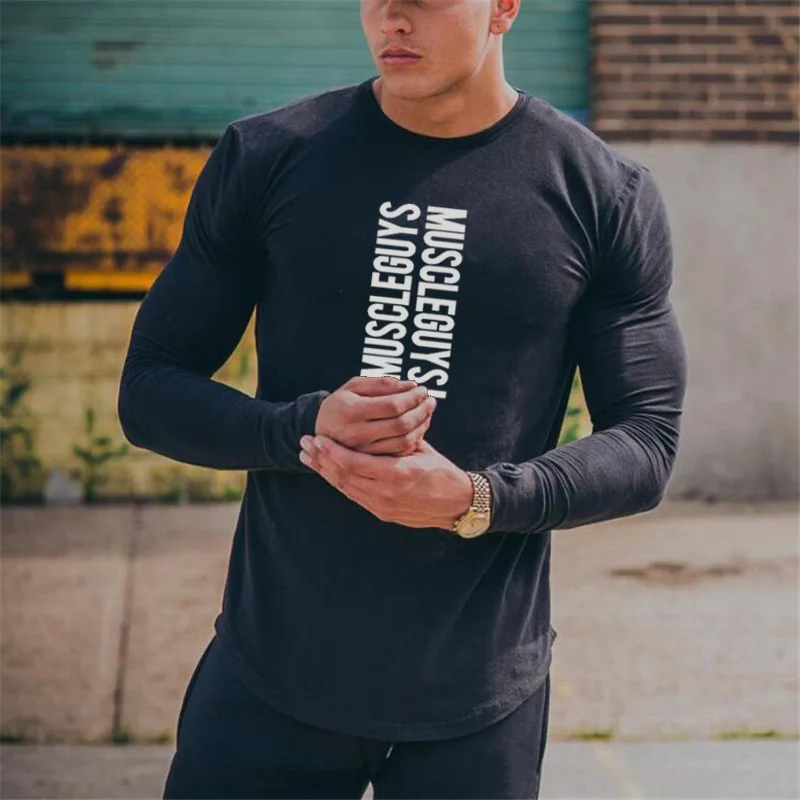 Muscleguys New Fashion High Quality Sporting T-shirt Men long Sleeve Fitness T shirt Men's solid gyms Bodybuilding Tee | Мужская