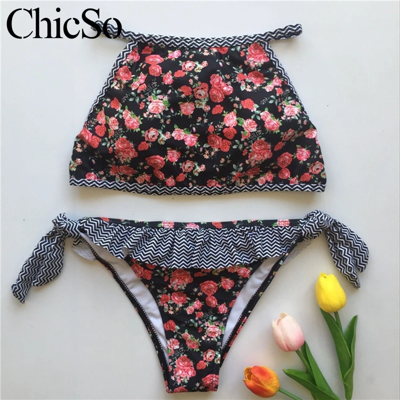 MissyChilli, костюм из двух частей, купальник на шнуровке, женский, Цветочный, с рюшами, Холтер, высокая талия, купальник, женский, сексуальный, пляжный, бразильский, боди - Цвет: Черный