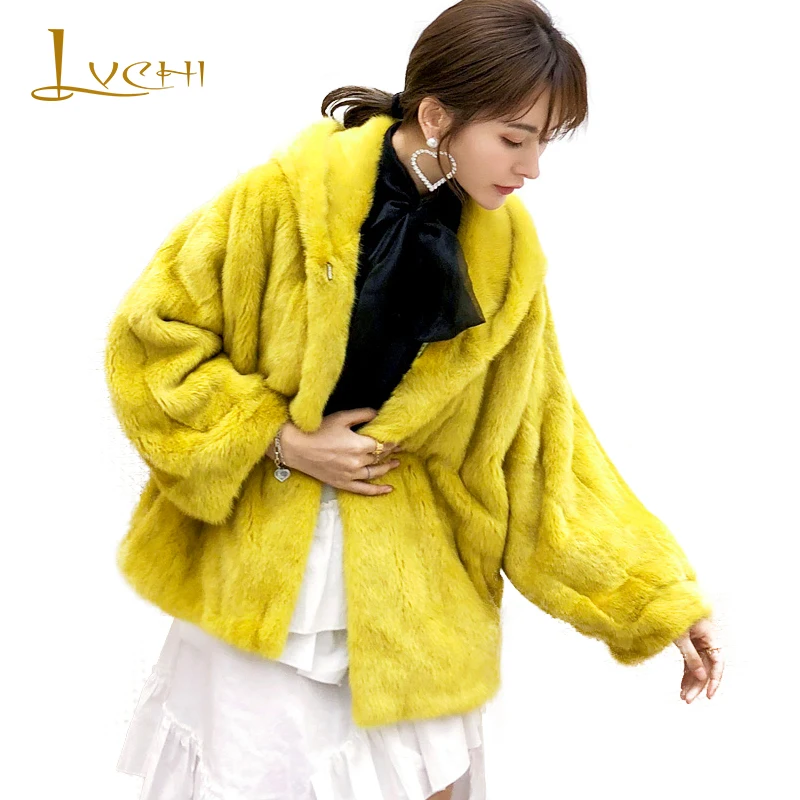 

LVCHI 2019 Winter Import Mink Fur Coat Real Fur Coats Women Long Batwin Sleeve With Fur Hood Short 3 Pure Color Mink Fur Coats