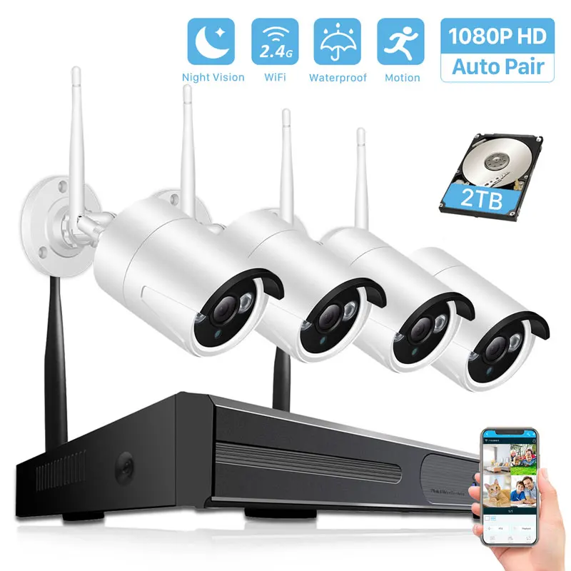 Белый Besder Беспроводная система видеонаблюдения 1080P 2MP 4CH WiFi NVR комплект IP уличная камера видеонаблюдения IP система безопасности комплект видеонаблюдения 2 ТБ HDD - Цвет: Белый