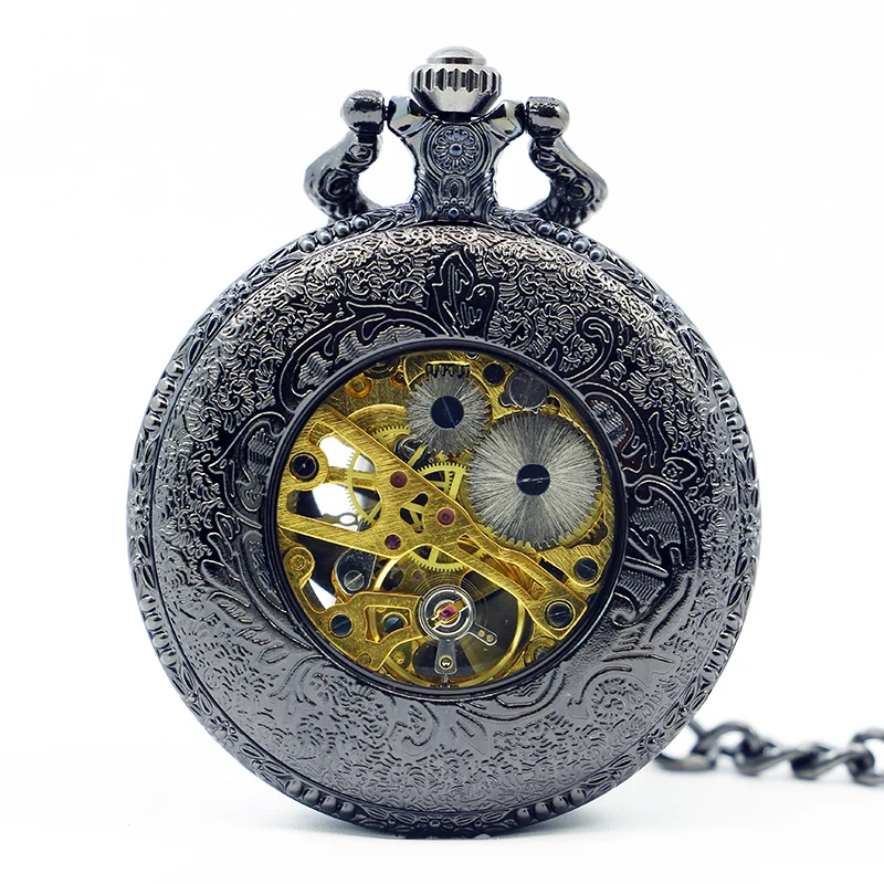 Antique Black Guide Instrument Embossed Skull Handwind Mechanical Pocket Watch Vintage Steampunk Pendant Accessories Men's Clock