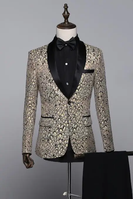 

New Studio Photography Theme Men's Pattern Two-piece Wedding Ceremony Stage Hosting Suit Singer Costume (chaqueta + Pantalones)