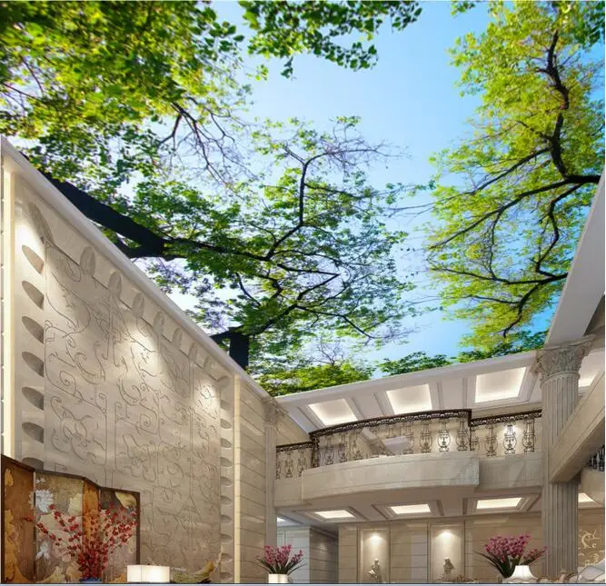 3d обои на заказ настенные нетканые для комнаты зеленые деревья и голубое небо