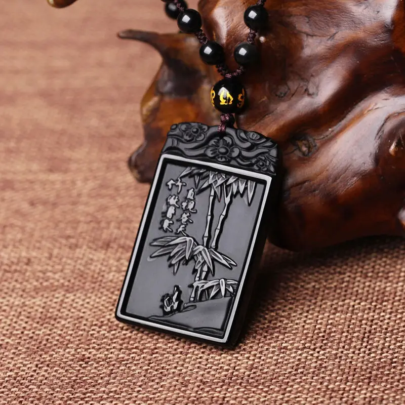 J натуральный черный камень бамбук газета пинг устойчиво растет кулон ожерелье |