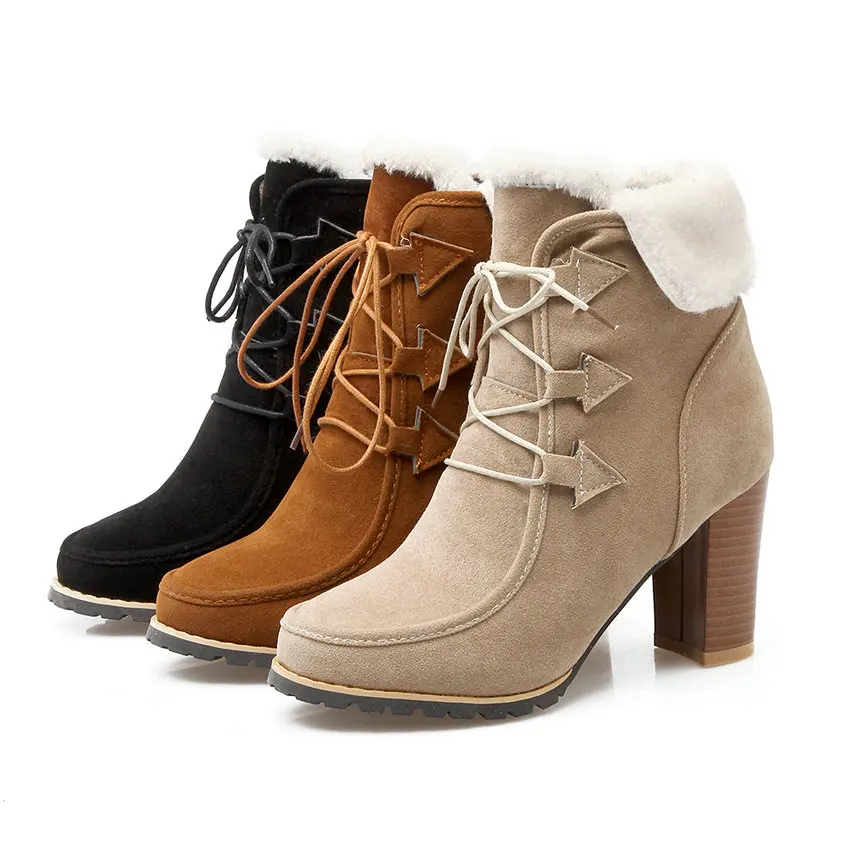 Eokkar 2019 Fur Women Ankle Boots Round Toe Winter Warm Lace Up Casual Square Heel Black Flock Motorcycle Size 34-43 | Обувь