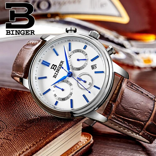 Модные Простые стильный Топ люксовый бренд Бингер Часы Мужчины Корова кожаный