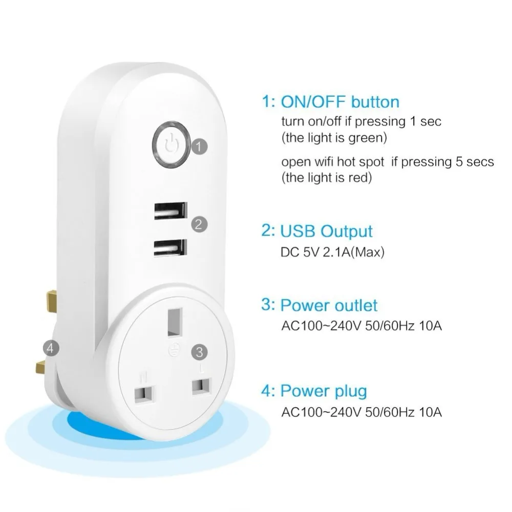 Smart Plug Великобритания розетка с 2 USB зарядное устройство Wi-Fi Управление таймер