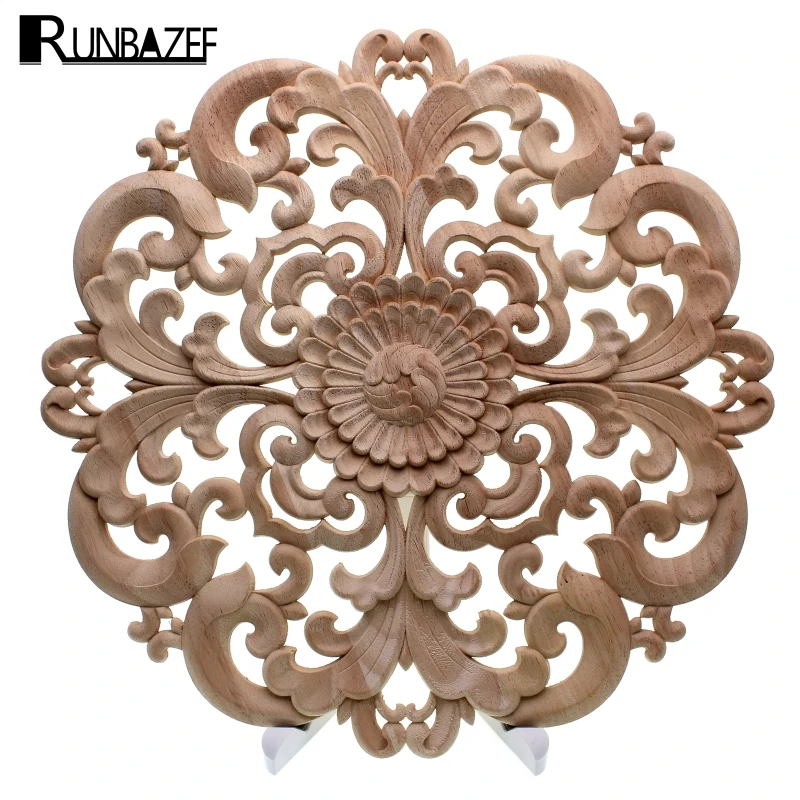 RUNBAZEF Woodcarving Furniture Decoration Solid Wood Door Round Applique Flower Him Miniature Crafts Figurine Storm