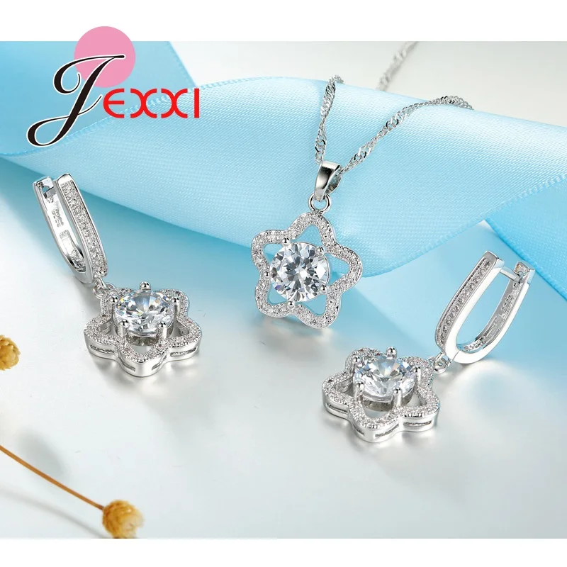 Hollow Star Design With Shining CZ Zirconia Stone Jewelry Set Silver Necklace Earrings For Women Bridal Party | Украшения и