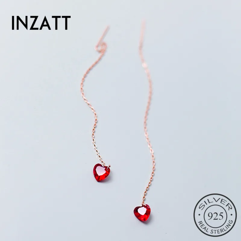 INZATT, настоящее 925 пробы, серебряные романтические Висячие серьги для женщин, свадебные, розовое золото, длинная цепочка, кисточкой, кулон в виде красного сердца