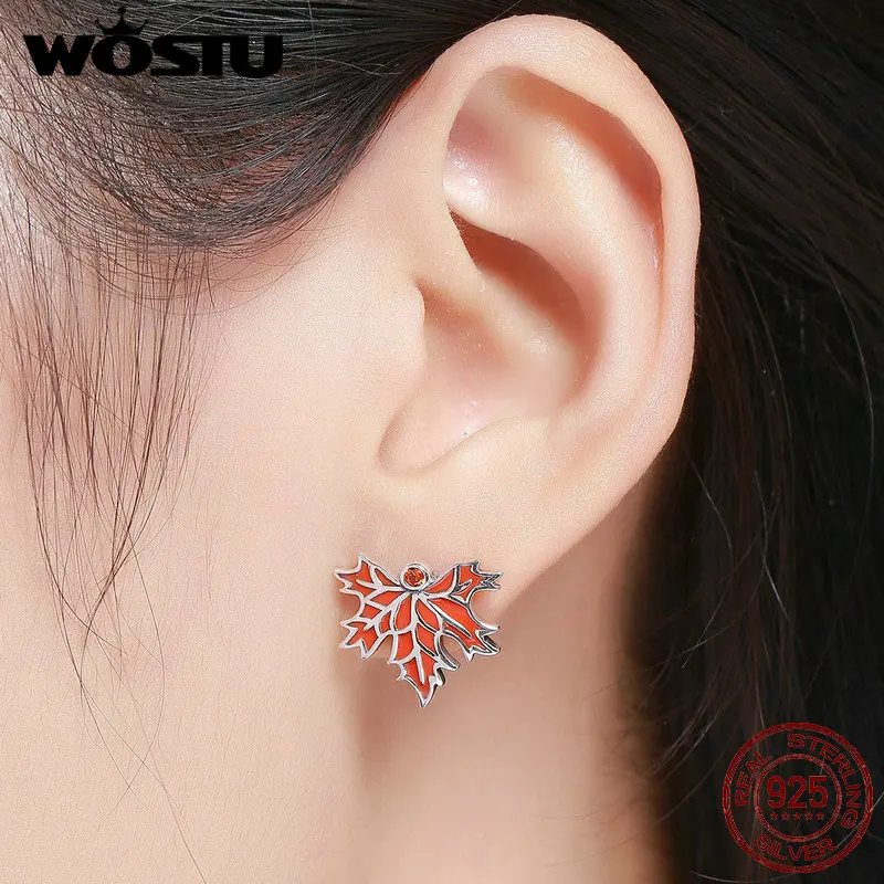 WOSTU 100% Серебро 925 пробы осенние серьги-гвоздики с кленовыми листьями для женщин