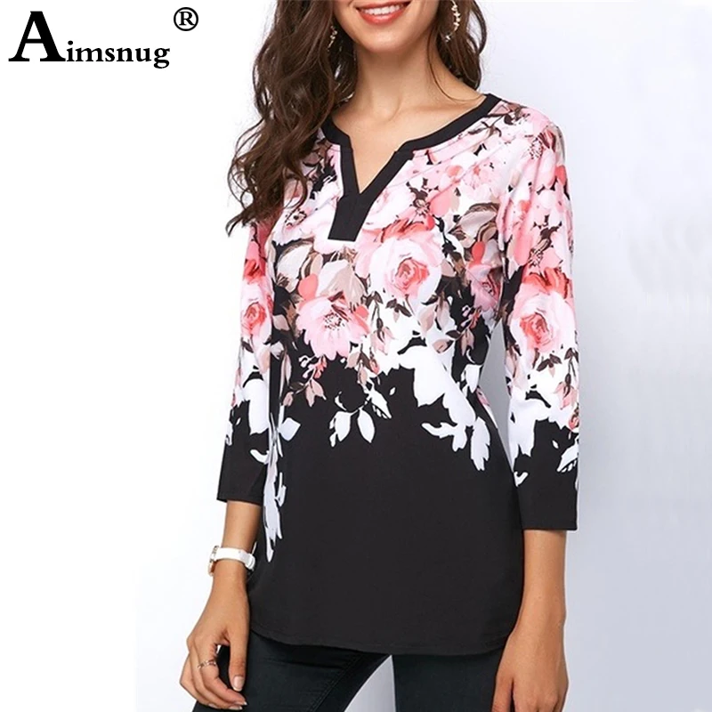 Большие размеры 4xl 5xl Новинки для женщин Лето Boho с цветочным принтом топы три четверти рукав футболка с v-образным вырезом Женские повседневные футболки
