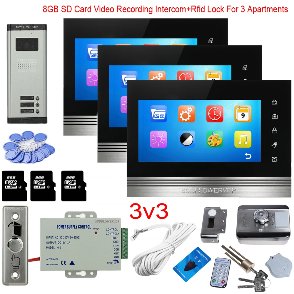 

For 3 Apartments Video Recording Smart Video Doorbell Rfid Lock Video Intercoms 8GB 7' Sd Card Indoor Monitor 3 Units Video Door