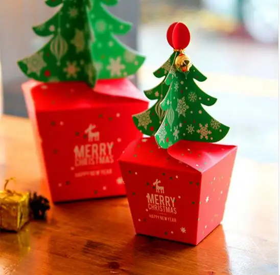

20pcs/lot Merry Christmas Tree Candy Box 3D Christmas Party Favor Tree Gift Box With Bells Cookie Paper Box Cute Present Box