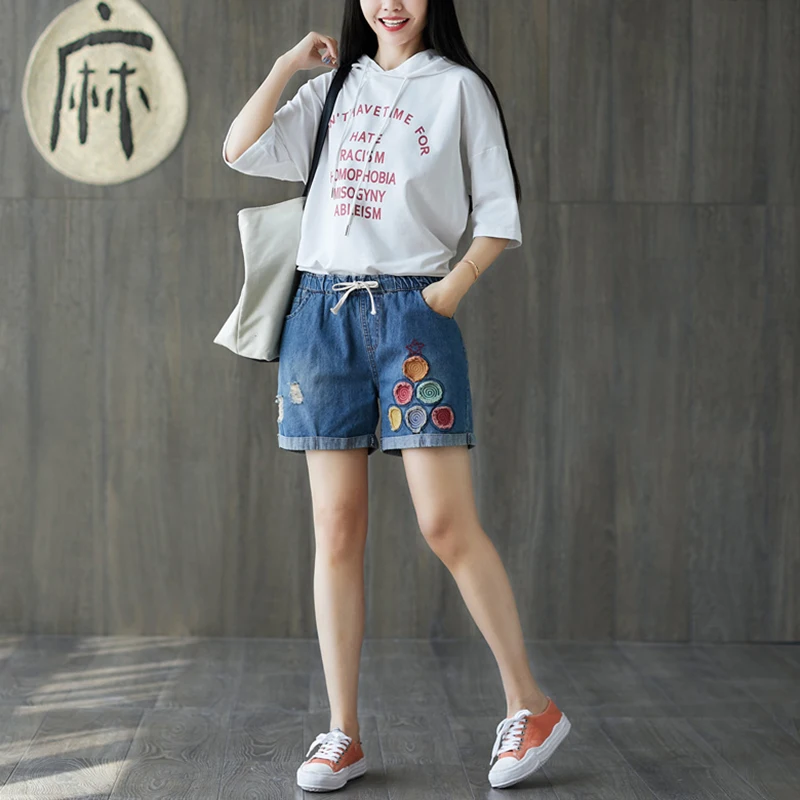 Винтажные рваные летние женские джинсовые шорты Ретро манжеты Лоскутные