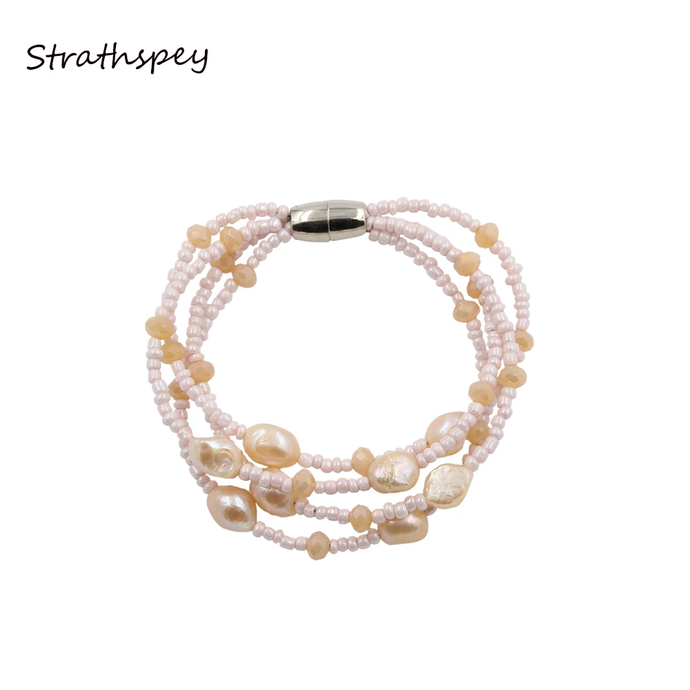 

STRATHSPEY Beauty Real Natural Freshwater Pearl Bracelet 4 rows Multilayer Beads Jewelry Bracelet Bangles Women Wedding Gifts