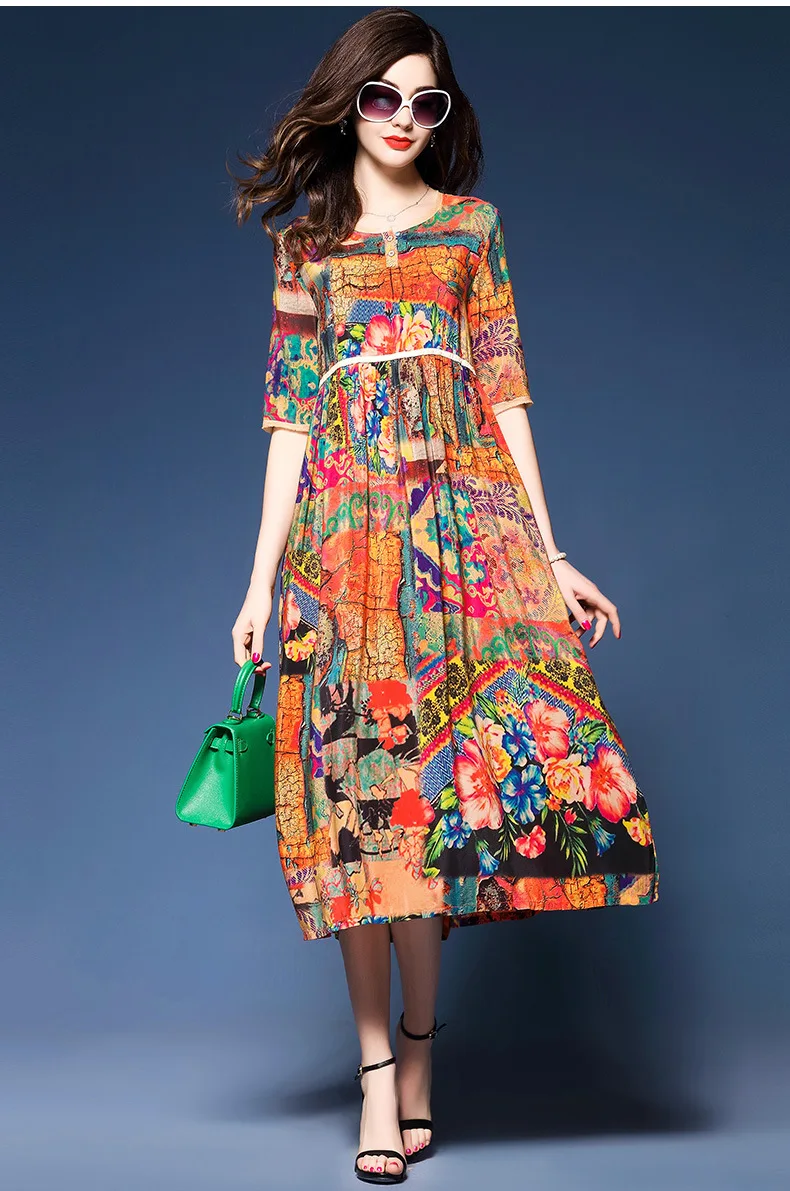 2017 O-Neck Summer Autumn High Qualit New Fashion Silk Crepe Big Print Empire Style Long Dress | Женская одежда