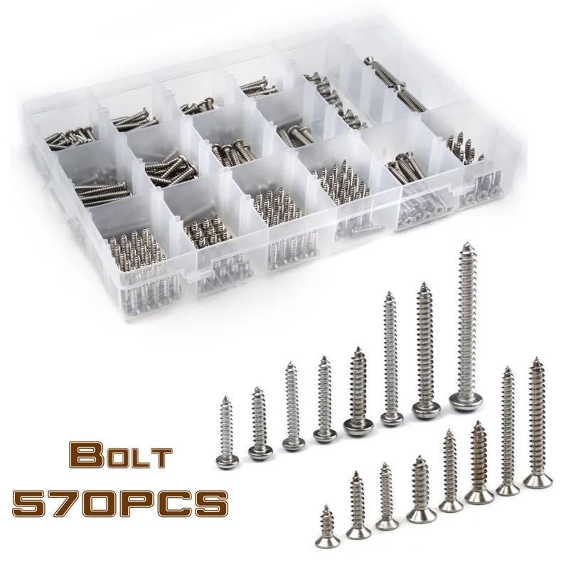 

570PCS Stainless Steel Self-tapping Screws Phillips Round Pan Countersunk Wood Screws Bolt Fastener Kit