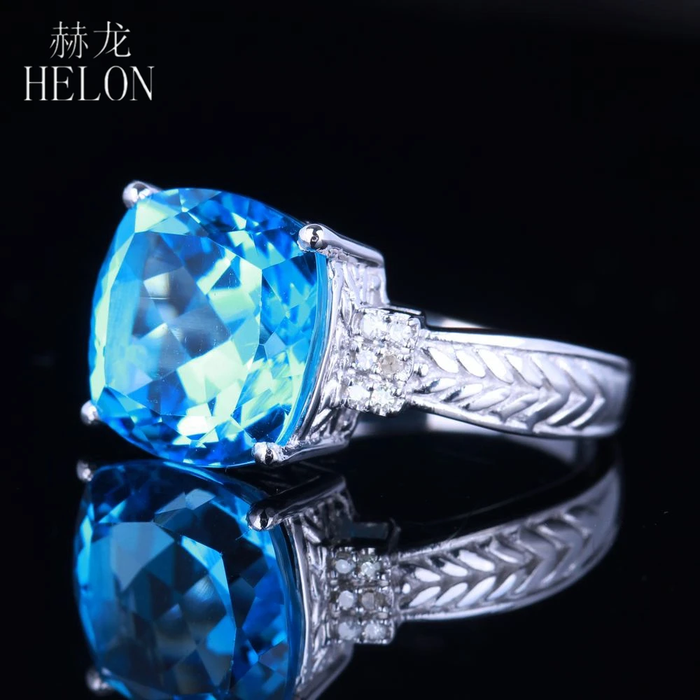 HELON Solid 14K белое золото безупречная огранка 4.88CT Природный Голубой топаз& Алмаз обручальное свадебное женское старинное Ювелирное кольцо