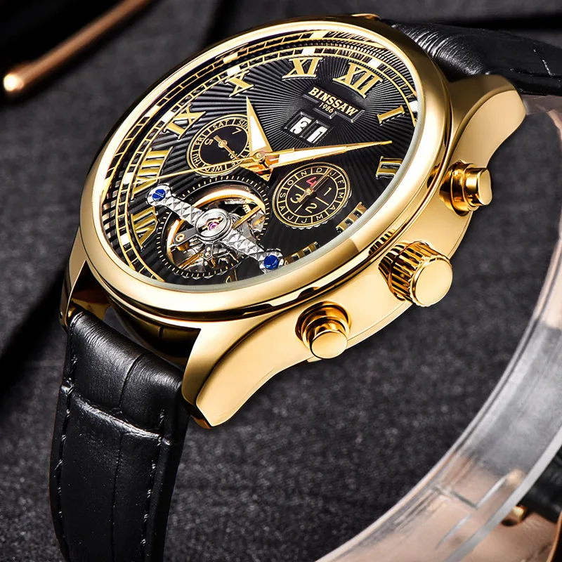 BINSSAW Мужские автоматические механические часы Tourbillon кожа Бизнес Мода Топ