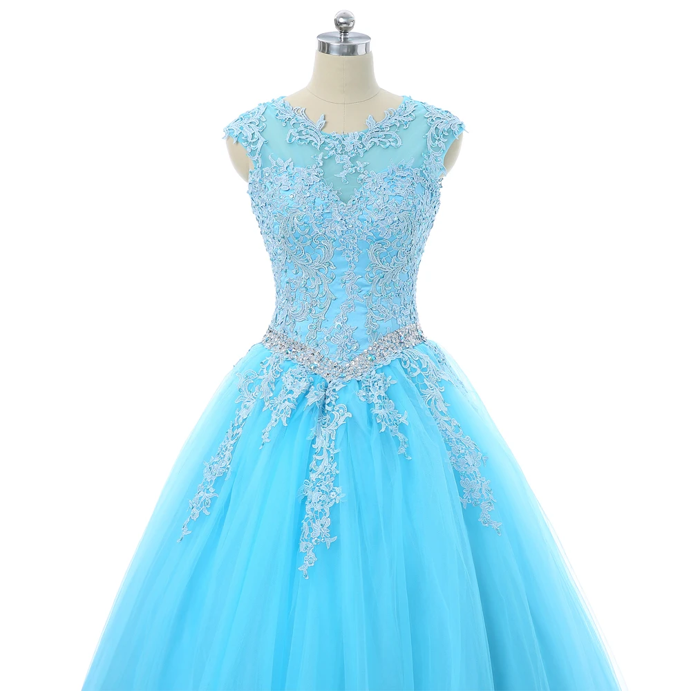 Sky Blue Quinceanera Dresses Ball Gown Cap Sleeves Tulle Appliques Lace Beaded Crystals Cheap Sweet 16 | Свадьбы и торжества