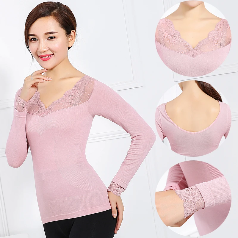 4 Colors Body Slimming One-piece Seamless Underwear Modal Lace Female Postpartum Shapers V collar Long Sleeve Bottoming Shirt | Женская