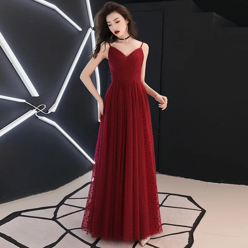 wine red Это YiiYa вечернее платье, сексуальное с v-образным вырезом, в горошек, с рисунком, вечерние платья, модные, на тонких бретелях, длина до пола, официальные платья E040 - Цвет: wine red