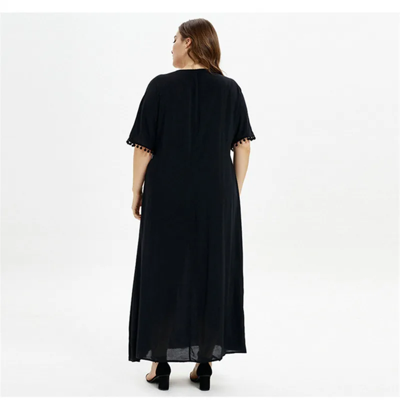 

Plus Size 2019 Women Summer Loose Elegant Party Dress Fashion Casual Black Tassel Maxi Dresses
