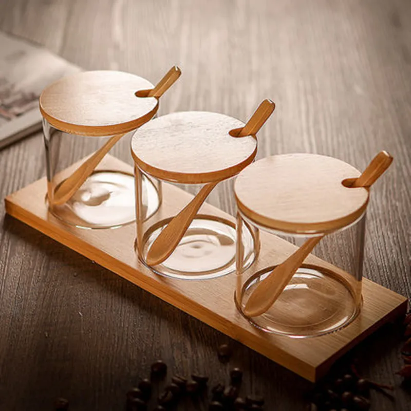 

Creative Transparent Glass Kitchen Spice Jar Three-piece Seasoning Storage Tank Seasoning bottles Dispensing Bottle Box Salt