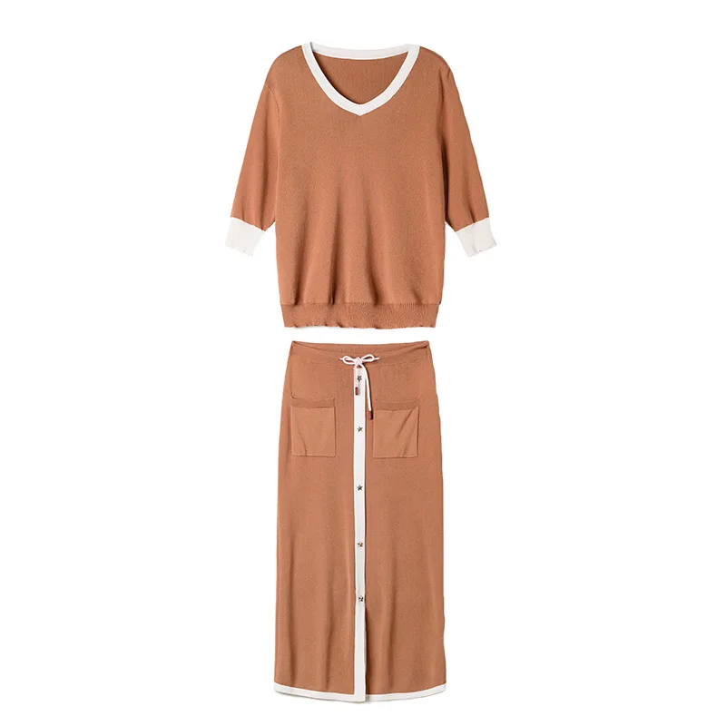 

Temperament of the new 2019 V is gotten half sleeve long knitted suits two-piece women