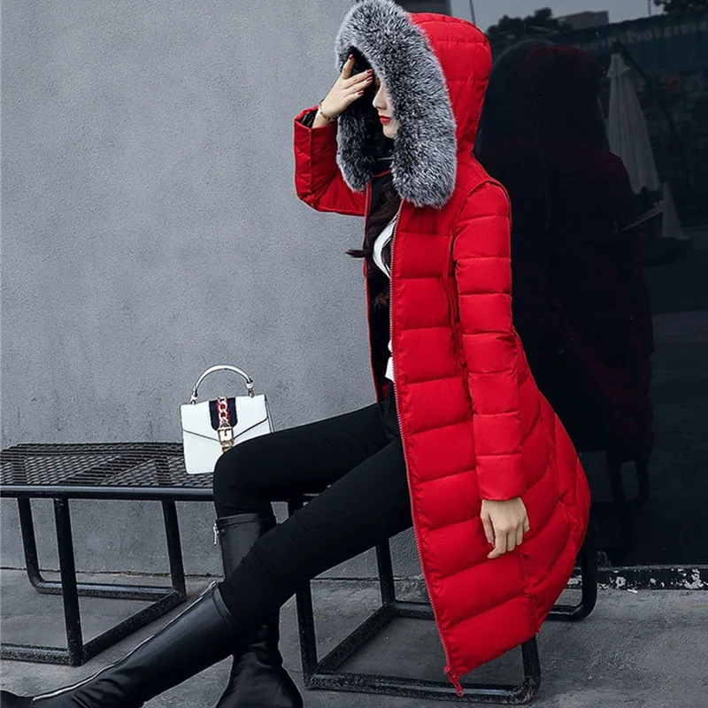 

UHYTGF New M-3XLParka Women Wear on both sides Down jacket long Outerwear Fur collar Hooded Thicken Warm Winter parkas Coat 996