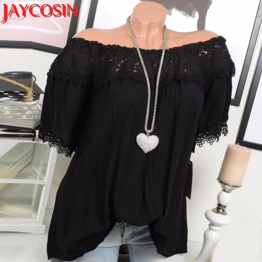 Женская Плюс Размер Кружева с плеча свободного силуэта короткими рукавами