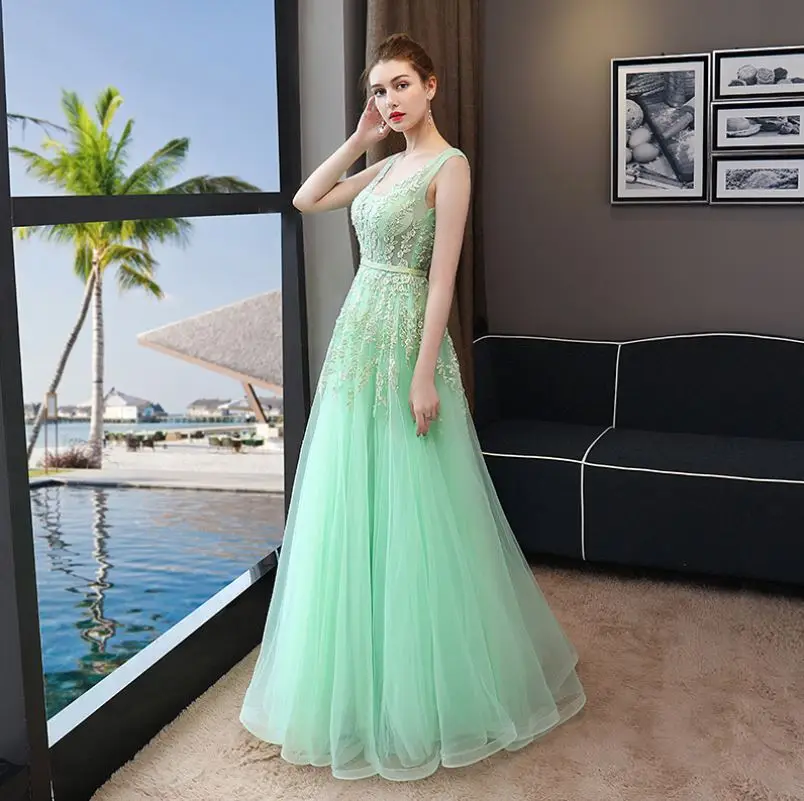 mint green Vestidos fiesta boda, новинка, сексуальное платье с v-образным вырезом, Тюлевое, Персиковое, Мятное, зеленое, Персиковое, розовое, длинное платье подружки невесты - Цвет: mint green
