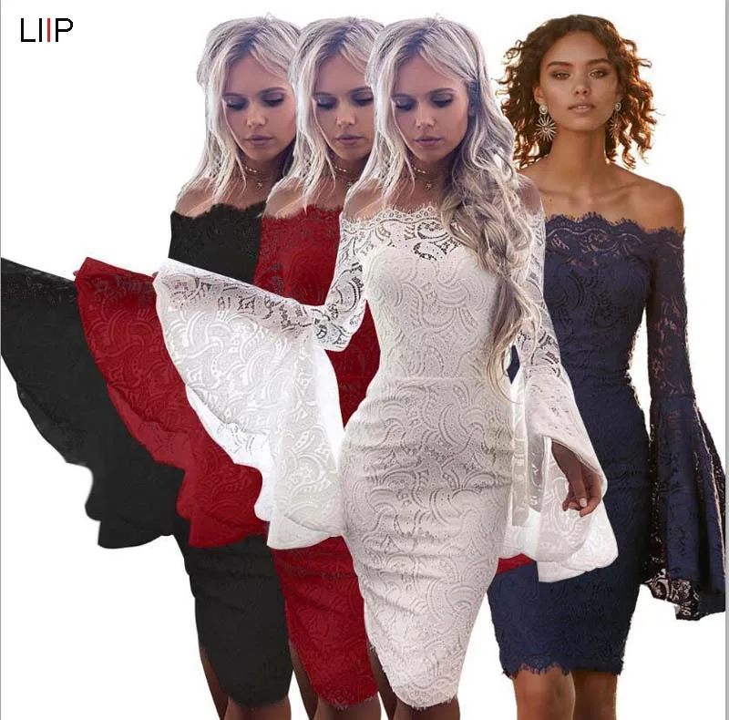 2019 summer sexy lace bodycon dress women party off shoulder long sleeve dresses casual elegant midi vestidos veranoSJ3072 | Женская