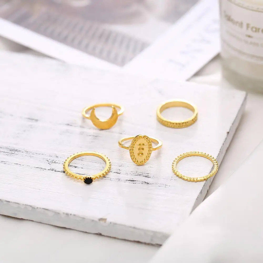Креативный Ретро тонкая полоса Луна инкрустированный черный Signet кольцо набор |