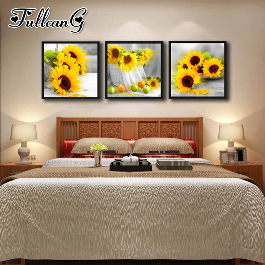 

FULLCANG diy 5d diamond embroidery sunflower and fruit triptych painting 3 piece full square/round drill mosaic pattern FC651