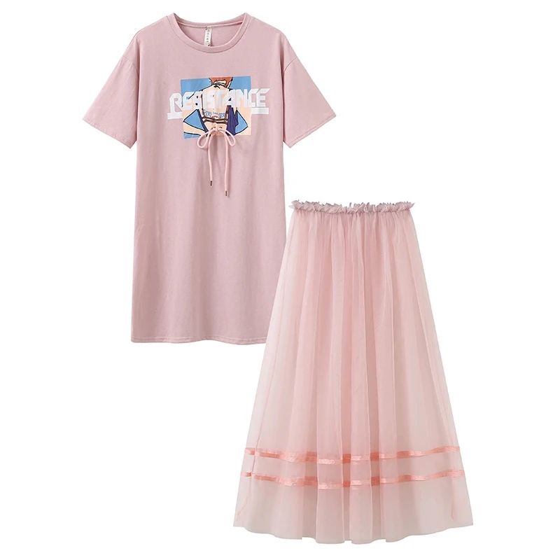 Женский сетчатый комплект с лентами длинная футболка круглым вырезом и принтом