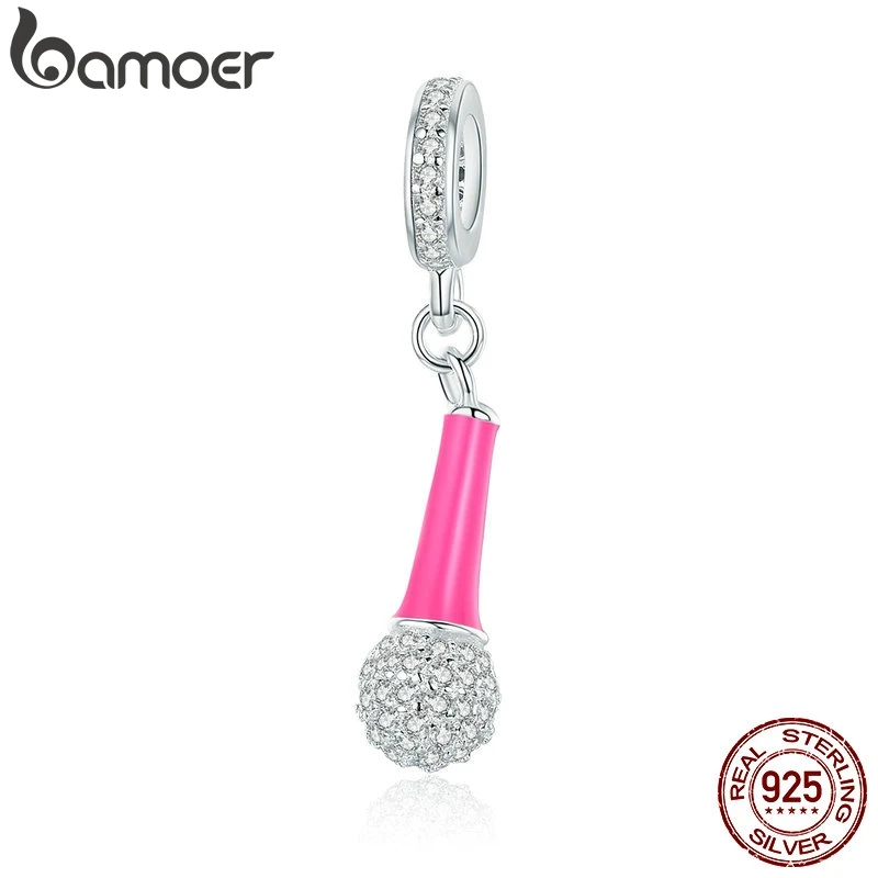 BAMOER, натуральная 925 пробы, серебряный, я люблю пение, микрофон, прозрачный, CZ, подвеска, шарм, подходит для женщин, браслет, сделай сам, бусины, ювелирное изделие SCC440