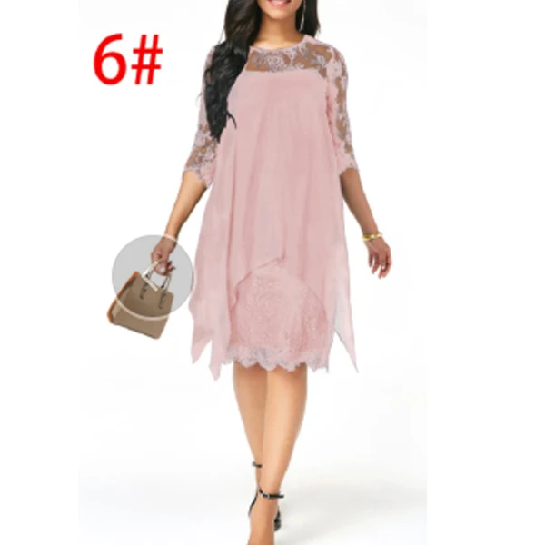 light pink Новинка, женское модное повседневное свободное элегантное платье с коротким рукавом и круглым вырезом, одноцветное кружевное платье большого размера, 9 цветов, 3XS-5XL - Цвет: light pink