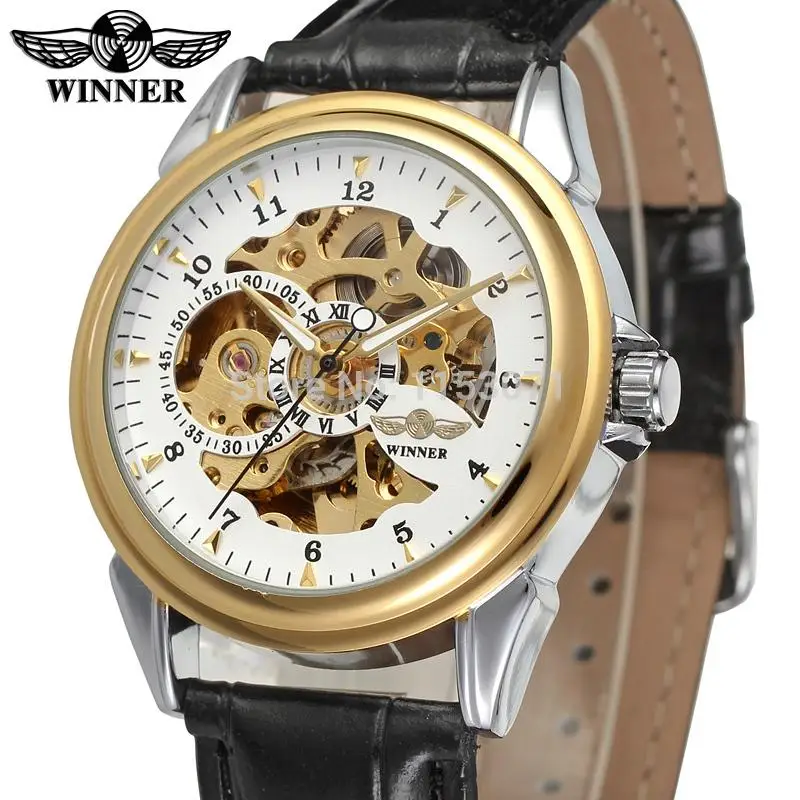 

WRG8022M3T2 Winner Automatic skeleton men with gift box dress watch black leather strap factory company free shipping