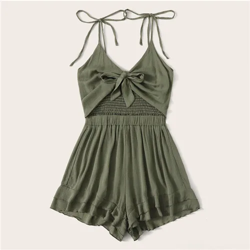 Army Green Dotfashion Solid Tie Front Shirred Back Ruffle Hem Cami Romper Women Summer Boho Sleeveless Ladies High Waist Playsuit - Цвет: Army Green