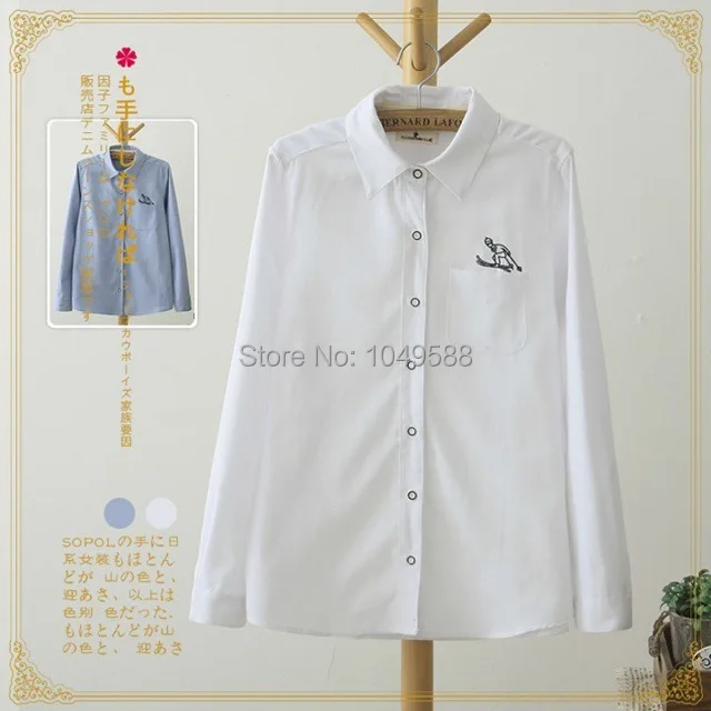 WB334# Women's White / Blue Blouse With Ski Embroidery Roupas Blusas Femininas Ladies Body Shirt Clothes. |