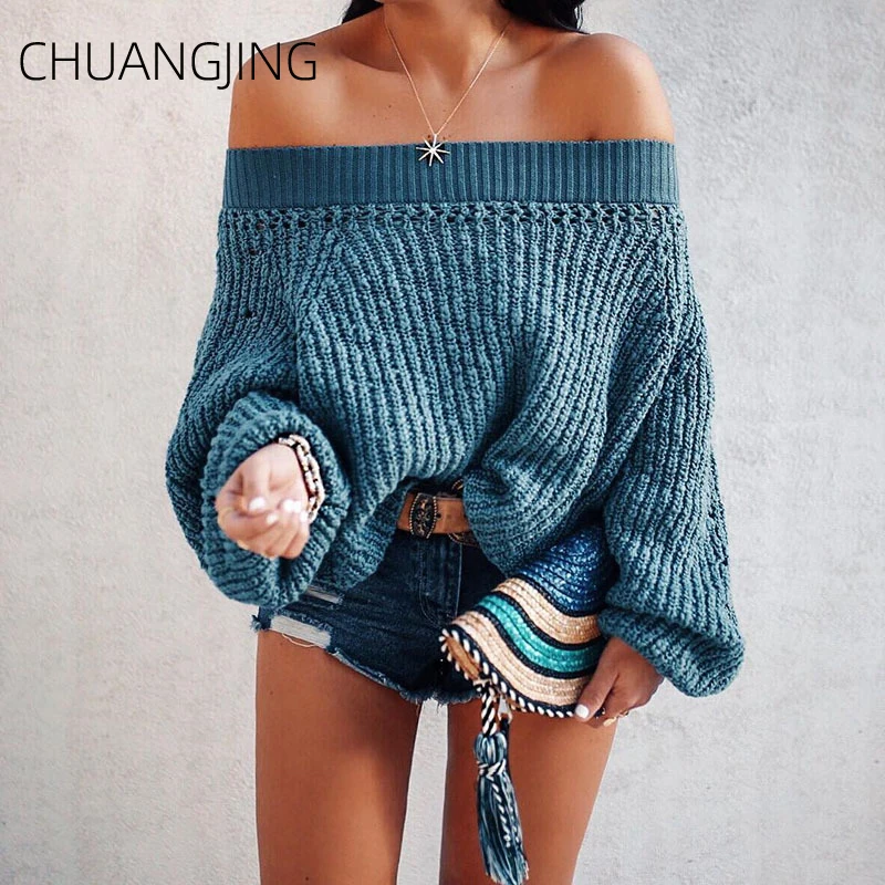 Casual Knitted Sweater Women Winter Slash Neck Flare Sleeve Pullover Female Fashion Autumn Ladies Sexy Sweaters | Женская одежда