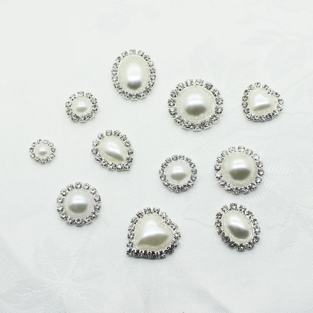 Пуговицы с белыми жемчужинами и стразами 10 шт./лот разные размеры смешивание