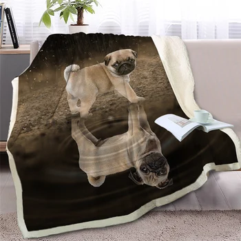 BlessLiving Pug Sherpa Blanket on Beds Animal Throw Blanket for Kids Dog Reflection Bedspread 3D French Bulldog Puppy Sofa Cover 2
