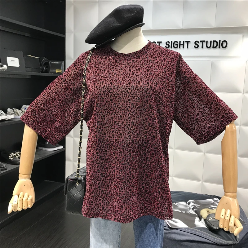2019 Women's New Fashion Leopard Short-sleeved Bling Sparkling Silk Round Neck Casual Shirt Bottoming | Женская одежда